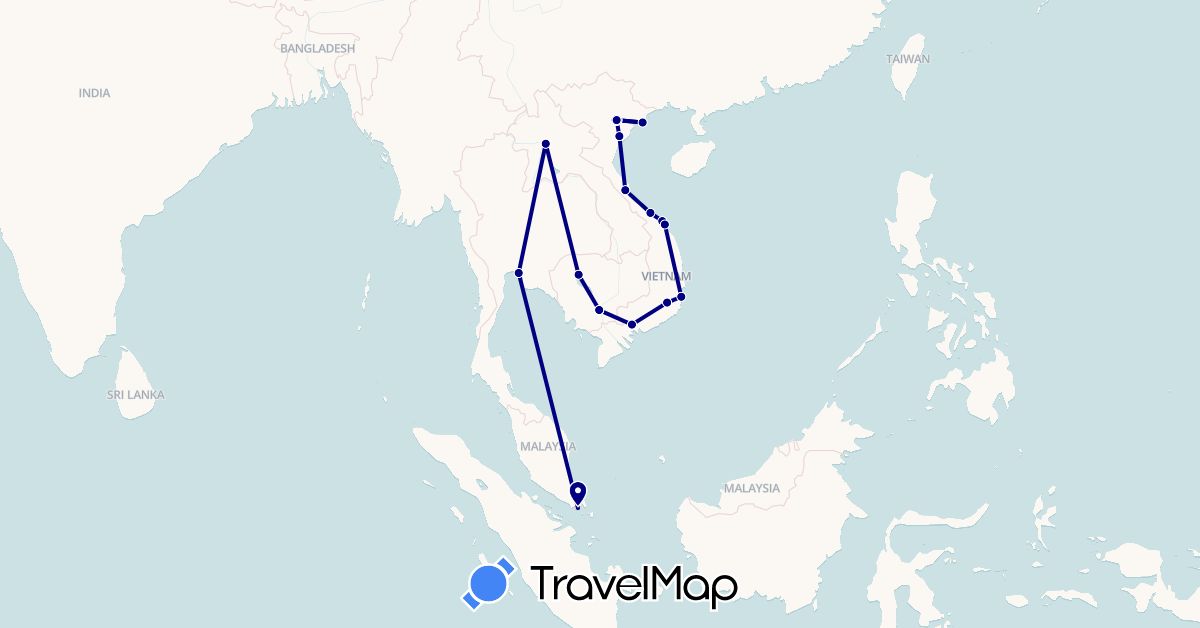 TravelMap itinerary: driving in Cambodia, Laos, Singapore, Thailand, Vietnam (Asia)